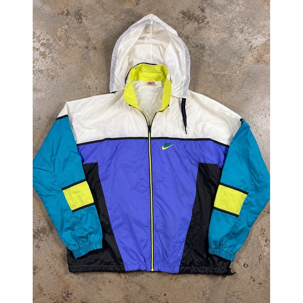 Vintage 90s Nike Windbreaker Jacket Mens L Hooded Colorblock Teal Purple Neon
